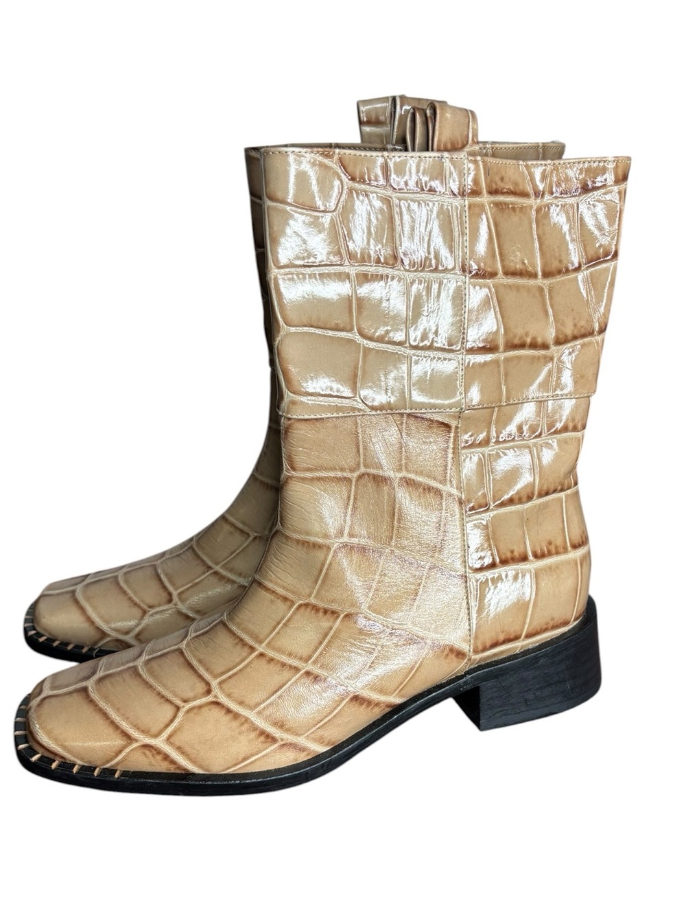 Freda Salvador Croc-embossed Leather Ankle Boots Square toe Low Block Heel 7